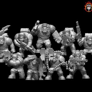 May include: A set of nine grey miniature orc figures in military attire, each equipped with various futuristic firearms, including rifles and heavy weapons. The figures are posed in a combat formation against a black background with logos.