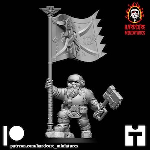 May include: A grey 3D printed miniature of a dwarf warrior holding a flag with runes and a hammer. The dwarf is wearing a helmet, armour, and a beard. The flag is attached to a pole.