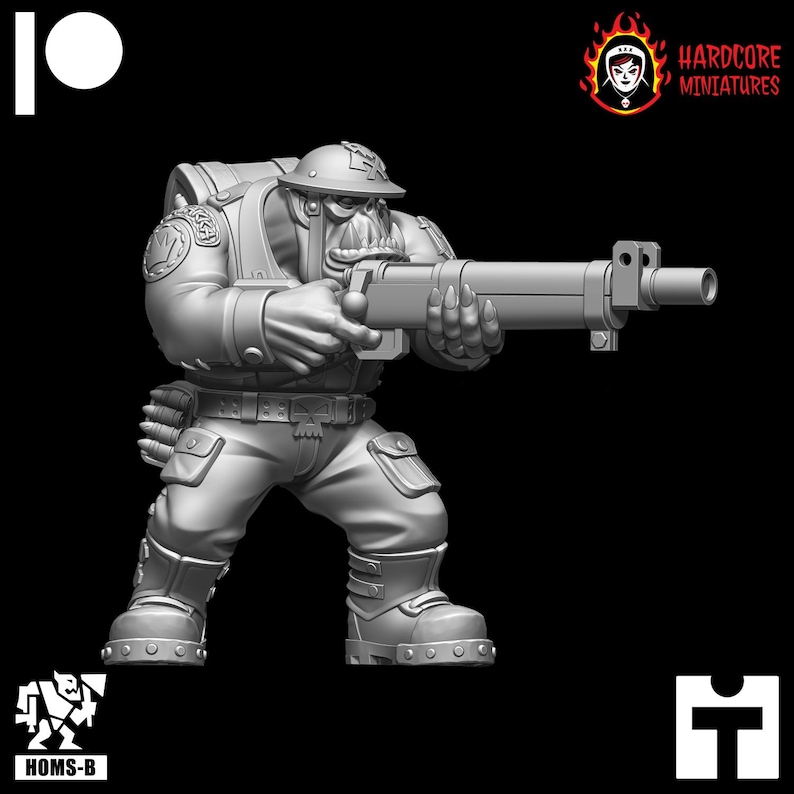 May include: A grey plastic miniature of an Orc wearing a military uniform and holding a rifle. The Orc is wearing a helmet and has a large, toothy grin. The miniature is part of a set of miniatures for a tabletop wargame.
