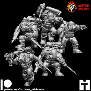 May include: A group of detailed miniature figures, each clad in tactical gear, gas masks, and carrying weapons. The figures are in dynamic poses, some wielding knives and others holding firearms. The overall aesthetic suggests a post-apocalyptic or sci-fi theme.