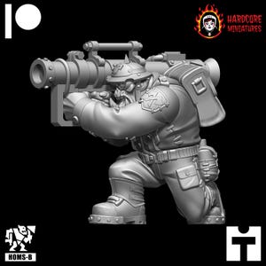 May include: A grey plastic miniature of an Orc soldier holding a large gun. The Orc is wearing a helmet and a military uniform with a belt and a pouch. The miniature is posed in a kneeling position, aiming the gun.
