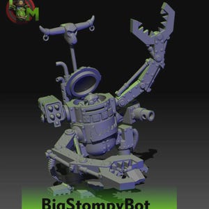 Puede incluir: Un robot mecánico gris con un adorno de cabeza en forma de toro y un gran brazo de garra. El robot tiene un diseño industrial detallado con remaches, tuberías y una abertura circular. El texto "BigStompyBot" se muestra en la parte inferior.