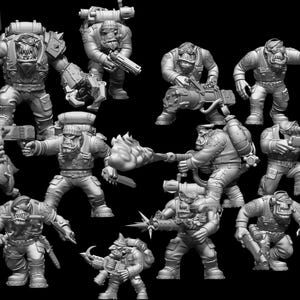 May include: A collection of eleven grey miniature figures depicting orc-like characters in tactical gear. The figures are shown in various poses, some holding firearms, blades, or heavy weaponry, while others carry backpacks and wear headgear.