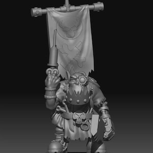 Peut inclure: Une figurine miniature grise en 3D représentant un orc tenant une grande bannière ornée d'un crâne et de tibias croisés. L'orc porte une mâchoire cloutée, un monocle et une ceinture à boucle en forme de crâne, tout en tenant une seringue.