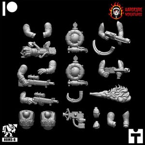 May include: A set of 3D printed miniature figures for tabletop gaming. The figures are gray and feature various poses and weapons, including a flamethrower, a gun, and a backpack. The figures are labeled "HOMS-B" and "HARDCORE MINIATURES".