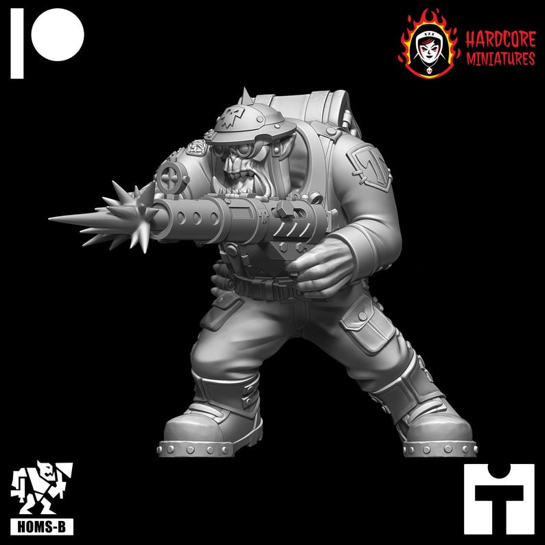 May include: A grey plastic miniature of an Orc wearing a military uniform and holding a spiked weapon. The Orc has a backpack and a helmet with goggles. The miniature is part of a set of miniatures for tabletop games.