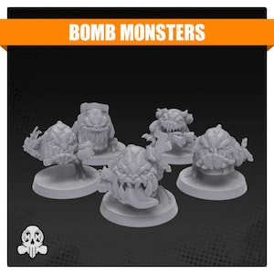 May include: A set of four grey miniature monster figurines, each featuring sharp teeth, a large tongue, and a bomb-shaped body. The figures are mounted on circular bases. The text BOMB MONSTERS is displayed in white letters on an orange banner above.