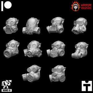 May include: A collection of ten grey miniature heads featuring various gas mask designs with goggles, filters, and mechanical details. Each head displays distinct industrial features, including rivets, vents, and hoses, presented against a black background.
