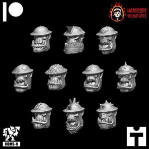 May include: Set of 10 3D printed miniature Orc heads wearing various styles of helmets, including a British Army helmet, a German helmet, and a French helmet. The heads are all in a gray color and have a detailed sculpt.