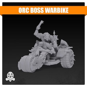 May include: A gray plastic model of an Orc Boss Warbike, a fantasy vehicle with a rider and a sidecar. The rider is holding a weapon and the vehicle has a large wheel in the back.