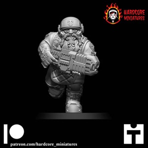 May include: A gray 3D printed miniature of a dwarf wearing a helmet and holding a futuristic weapon. The dwarf has a beard and is wearing armor. The miniature is set against a black background.