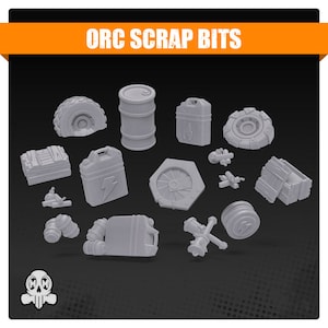 May include: A collection of 12 grey plastic Orc Scrap Bits for tabletop gaming. The pieces include barrels, canisters, wheels, and other assorted parts.