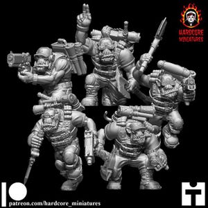 May include: A set of five grey miniature orc figures in tactical gear, including baseball caps, goggles, and vests. Each figure is equipped with various weapons such as pistols, knives, and rifles. The text Hardcore Miniatures is visible.