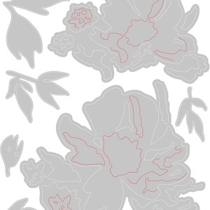 May include: Die cut flower and leaf shapes in various sizes. The shapes are a light gray color with white outlines and red interior details. The image includes two large flower shapes, several leaf shapes, and smaller flower details.