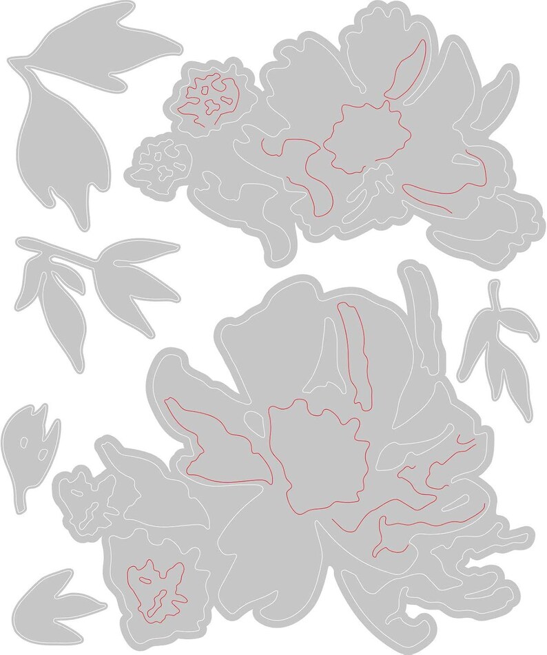 May include: Die cut flower and leaf shapes in various sizes. The shapes are a light gray color with white outlines and red interior details. The image includes two large flower shapes, several leaf shapes, and smaller flower details.