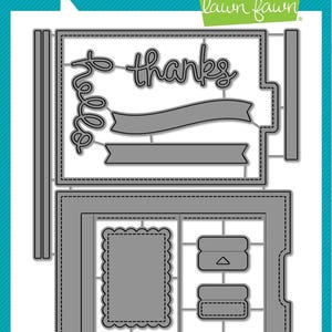 May include: Grey metal craft dies featuring the words "hello" and "thanks" in a cursive font, plus banner shapes. The dies are for a "Pull 'n Slide Surprise" design. The Lawn Fawn logo is visible.