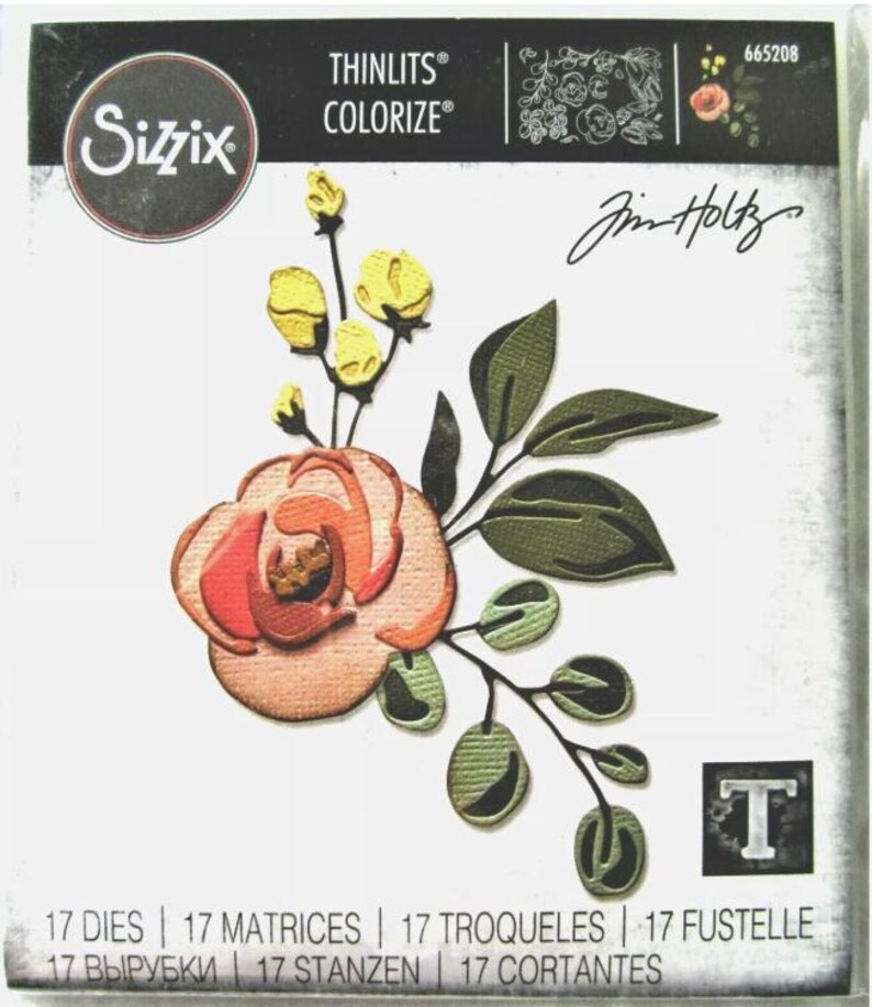 May include: Sizzix Thinlits Colorize die set featuring a floral design. The set includes a detailed rose with peach and red petals, green leaves, and yellow buds. The package also includes the text "Jim Holtz".