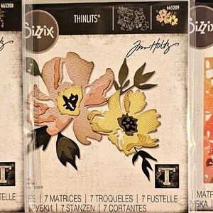 Tim Holtz Thinlits: Bloom, Colorize 665208; Brushstroke Flowers #1 665209; Folk Flowers 665363