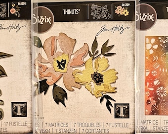 Tim Holtz Thinlits: Bloom, inkleuren 665208; Penseelstreek bloemen #1 665209; Volksbloemen 665363