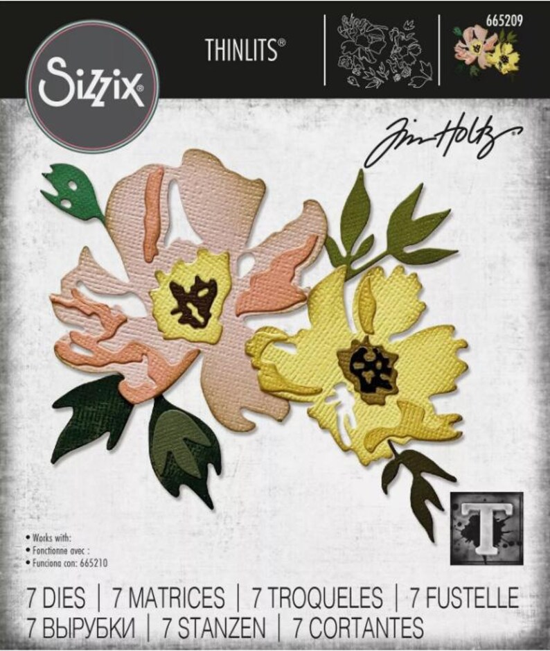 May include: Sizzix Thinlits die set featuring floral designs. The set includes seven dies for creating layered flowers in shades of yellow, peach, and green. The package includes the text "Jim Holtz" and "665209".