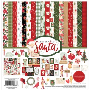 May include: Letters to Santa collection kit by Carta Bella.  Features red, green, and white Christmas themed papers, stickers, and embellishments.  Includes twelve 12x12 double-sided papers, ephemera, and elements.  Perfect for creating festive cards, scrapbook pages, and other paper crafting projects.  The kit showcases a variety of patterns including plaid, floral, and snowflakes.