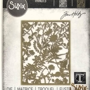 Op de afbeelding: Een Sizzix Thinlits stansmal met een gedetailleerd bloemenontwerp. De stans toont een ingewikkelde rangschikking van bloemen en bladeren. De verpakking bevat het Sizzix-logo, de handtekening van de ontwerper en de productcode.
