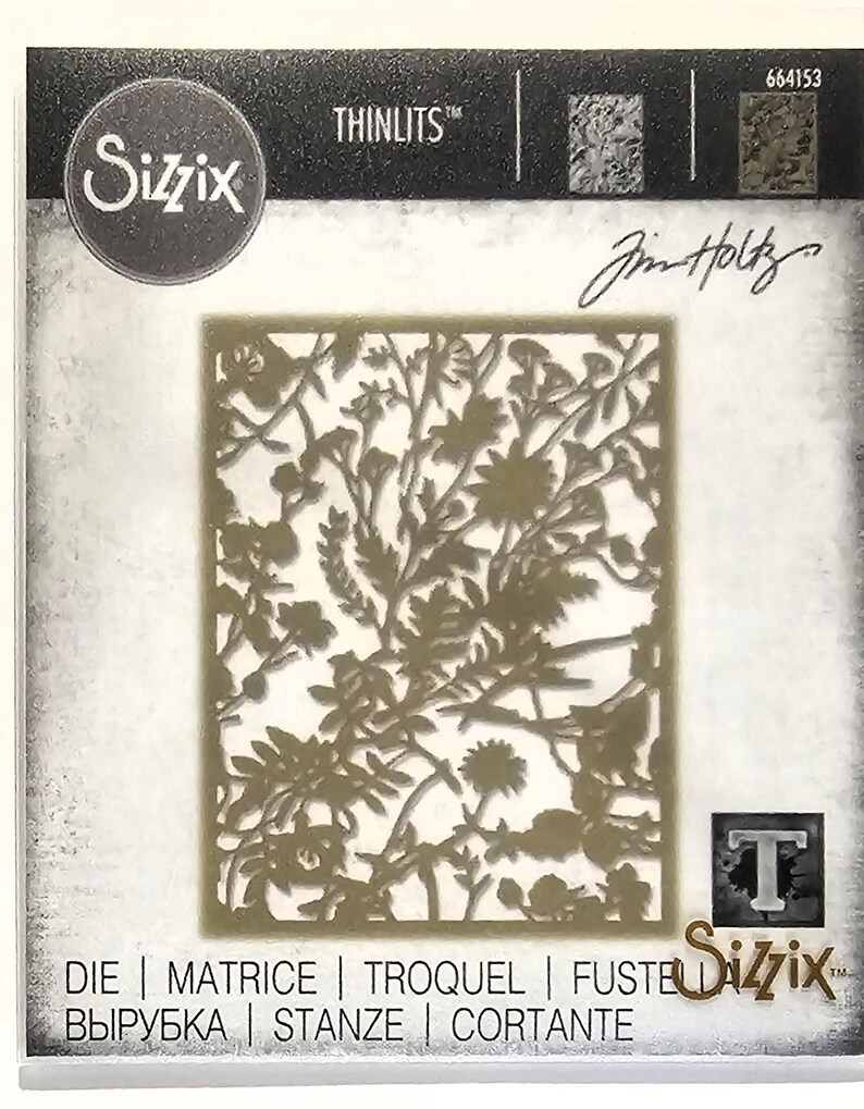Op de afbeelding: Een Sizzix Thinlits stansmal met een gedetailleerd bloemenontwerp. De stans toont een ingewikkelde rangschikking van bloemen en bladeren. De verpakking bevat het Sizzix-logo, de handtekening van de ontwerper en de productcode.