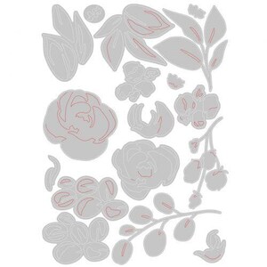 May include: A collection of gray metal floral die cuts with red accent lines. The set includes various flower and leaf shapes, such as roses, buds, and foliage. Ideal for paper crafting and scrapbooking projects.