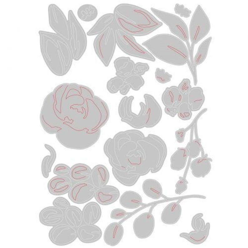 May include: A collection of gray metal floral die cuts with red accent lines. The set includes various flower and leaf shapes, such as roses, buds, and foliage. Ideal for paper crafting and scrapbooking projects.