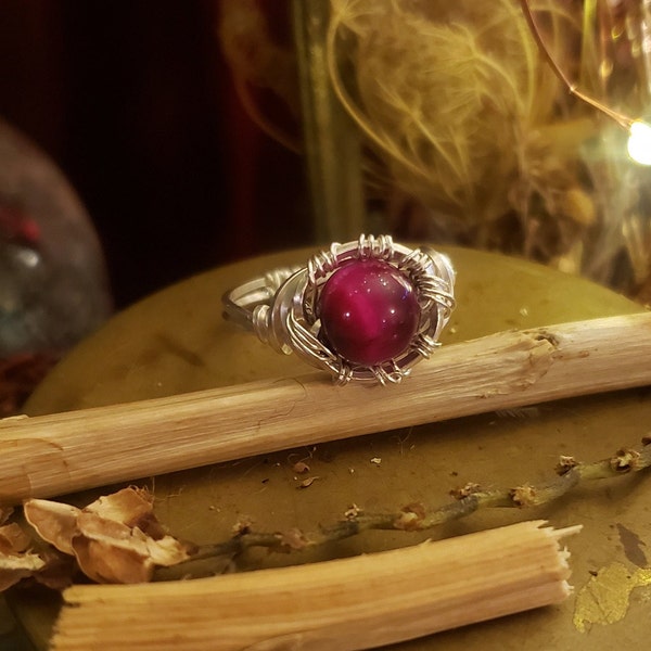 Pink Fuchsia Tigers Eye Sterling Silver Handcrafted Wire Wrapped Ring