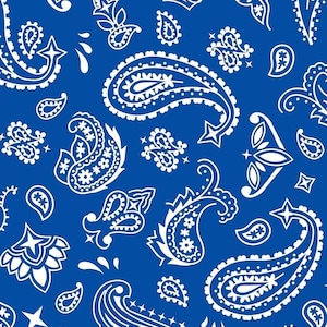 May include: A seamless pattern of white paisley designs on a bright blue background. The paisley designs are intricate and detailed, with a variety of shapes and sizes. The background is a solid blue colour.