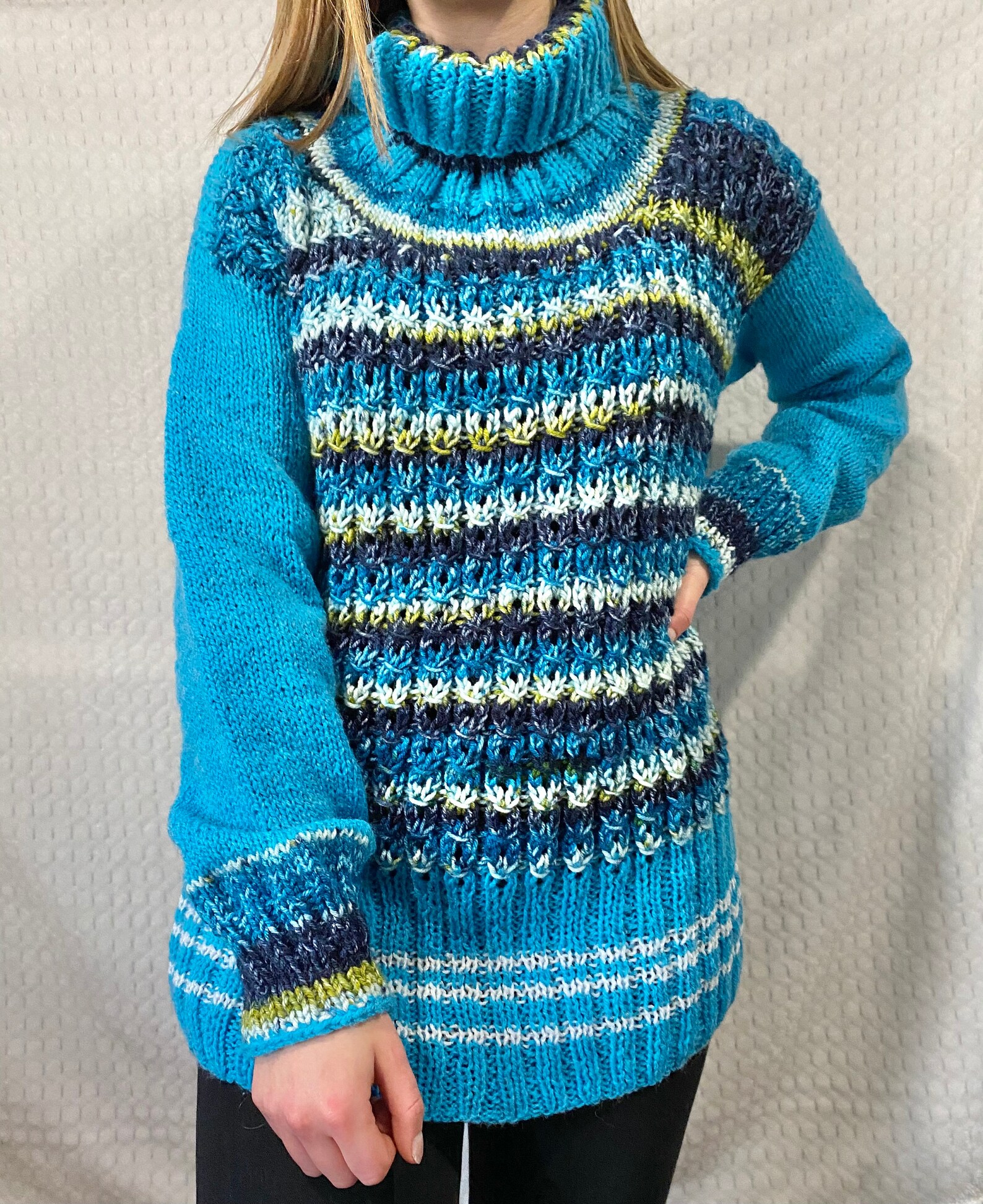 Blue Striped Turtleneck Sweater - Etsy