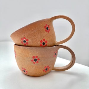 dot flower mug handmade, handpainted ceramic cup with handle, unglazed exterior image 1