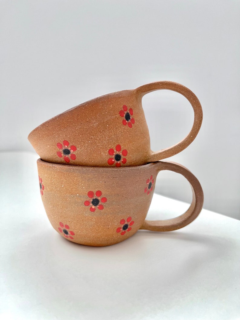 dot flower mug handmade, handpainted ceramic cup with handle, unglazed exterior image 1
