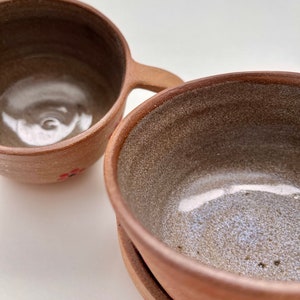dot flower mug handmade, handpainted ceramic cup with handle, unglazed exterior image 2