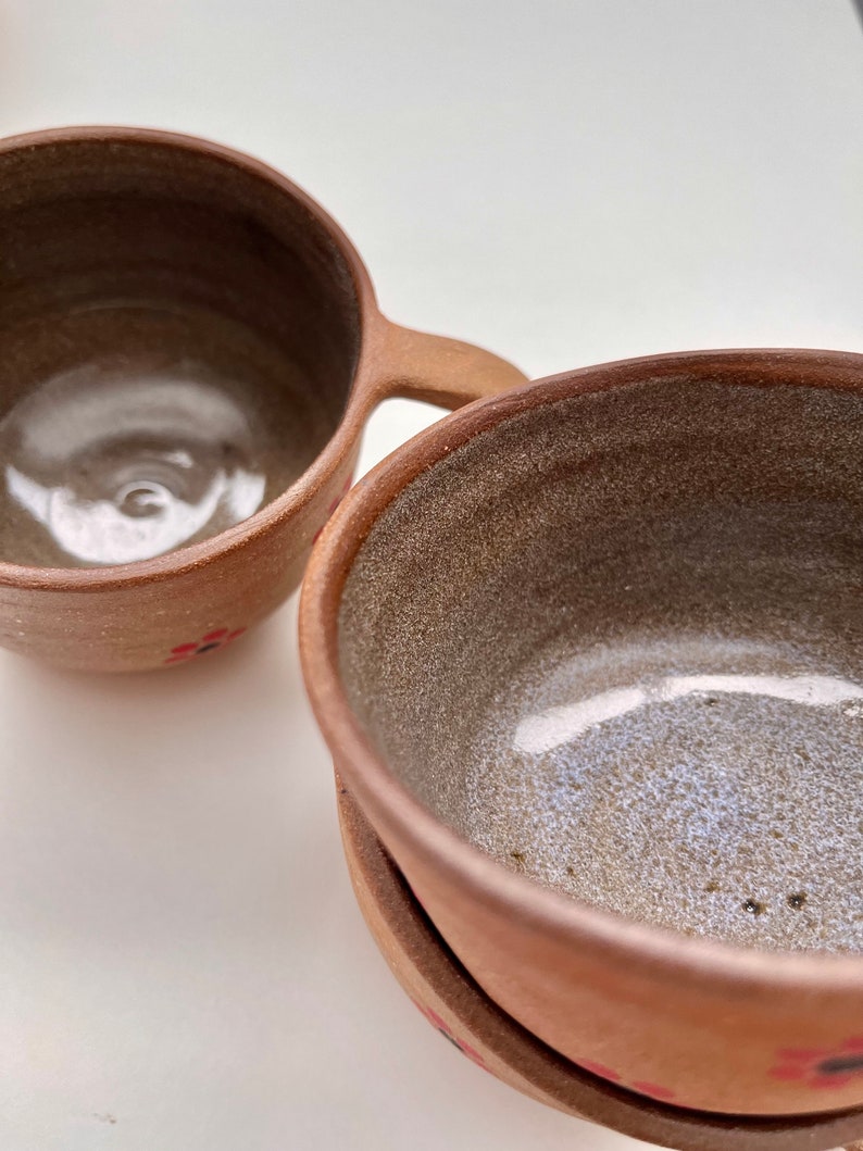 dot flower mug handmade, handpainted ceramic cup with handle, unglazed exterior image 2