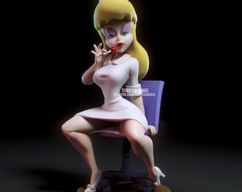 May include: A 3D printed figurine of a woman dressed as a nurse. She is wearing a white dress, a red cross hat, and red lipstick. She is sitting on a purple chair and holding a lollipop in her hand. The figurine is painted in a realistic style and has a glossy finish.