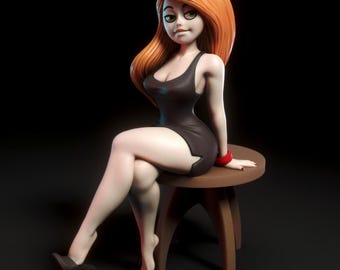May include: A 3D rendered cartoon figure of a woman with long red hair, wearing a black sleeveless dress and black high heels. She is sitting on a wooden stool with her legs crossed.