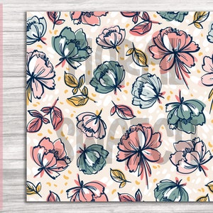 May include: A floral pattern design featuring stylized flowers in shades of pink, teal, and white, with yellow accents on a cream background. The design includes leaves and small dots. The words "INSTANT DOWNLOAD" are printed vertically on the left side.