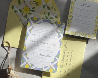 Yellow Blue Floral Garden Trellis Wedding Invitation Suite