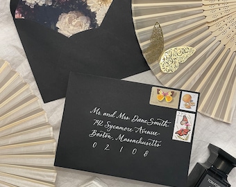 Wedding Keepsake Envelope for Flatlay Photos - BLACK - Hand Calligraphy, Includes One Addressed Envelope and One Blank Envelope with Liner