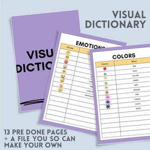 Puede incluir: Un diccionario visual con cubiertas moradas y páginas blancas. Las páginas muestran las palabras "Emotions" y "Colors" con imágenes correspondientes. También es visible el texto "13 pre done pages + a file you so can make your own".