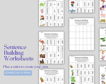 Printable Sentence Building Worksheet PDF | 30 Writing Prompts + Create-Your-Own Page | Kids Writing Activity