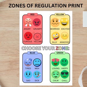 May include: A Zones of Regulation print on cardstock, with four zones: Red, Yellow, Blue, and Green. Each zone shows emotions with emoji faces and words. The print is 20.3 x 27.9 cm.