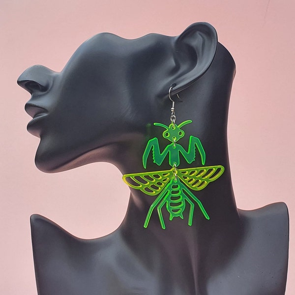 Big, Bright, Eye-Catching, Kooky Praying Mantis Statement Earrings, Neon UV Reactive Laser Cut Acrylic, Fabulous, Lightweight Dangly Insects