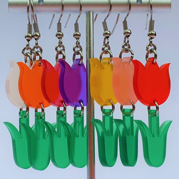 Pretty Two Part Tulip Dangle Earrings, Laser Cut, Frosted Red, Yellow, Orange, White, Pink and Purple Acrylic, Moving Spring Vibes Jewellery