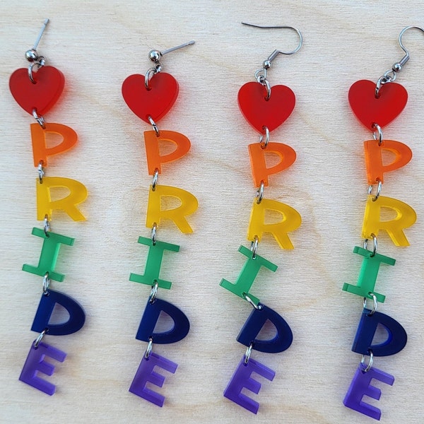 Rainbow Pride Long Dangly Colourful Statement Festival Earrings, Fab, Fun, Lightweight, Laser Cut Eye-Catching, Word, Letter Dangles, LGBTQ