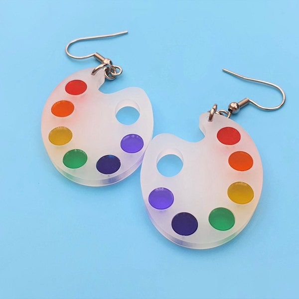 Rainbow Artist Paint Palette Lightweight Laser Cut Acrylic Earrings, Semi Transparent Colourful Light-Catching Statement Dangles, Artsy Gift