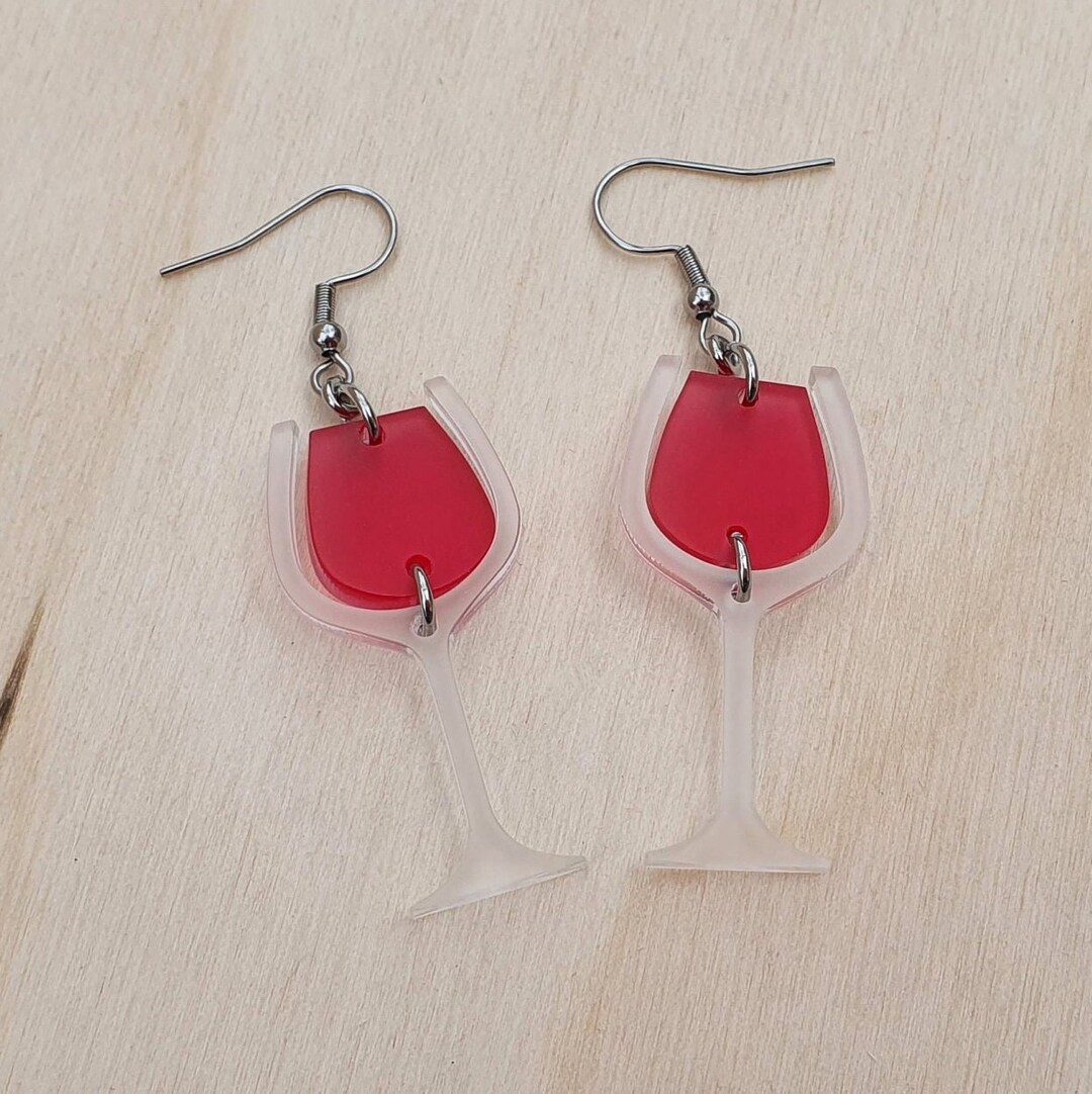 Wine Glass Earrings, Frosted Laser Cut Acrylic, Red Wine Two Part