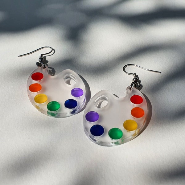 Rainbow Artist Paint Palette Statement Earrings, Lightweight Laser Cut Frosted Acrylic, Semi Transparent Colourful Light-Catching Artsy Gift